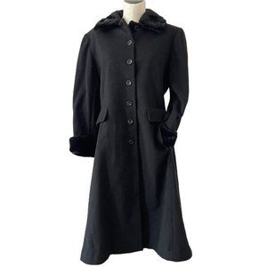 Albert Nipon Wool Jacket Black Peacoat Faux Fur Collar Button Up Sz 6 Petite VTG